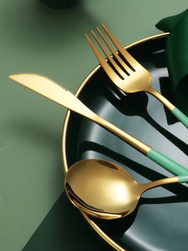 Axyaa Green Stainless Steel Tableware Set: Steak Knife, Fork, Spoon