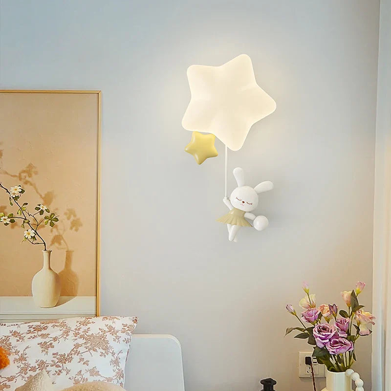 Axyaa Animal Bear Rabbit White Star Wall Lamp for Children's Bedroom