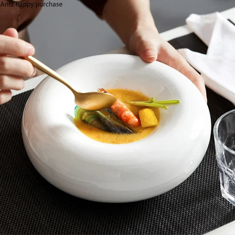 Axya White Ceramic Dinner Plate Set Restaurant Tableware Bowl Snack Dessert Fruit Plate