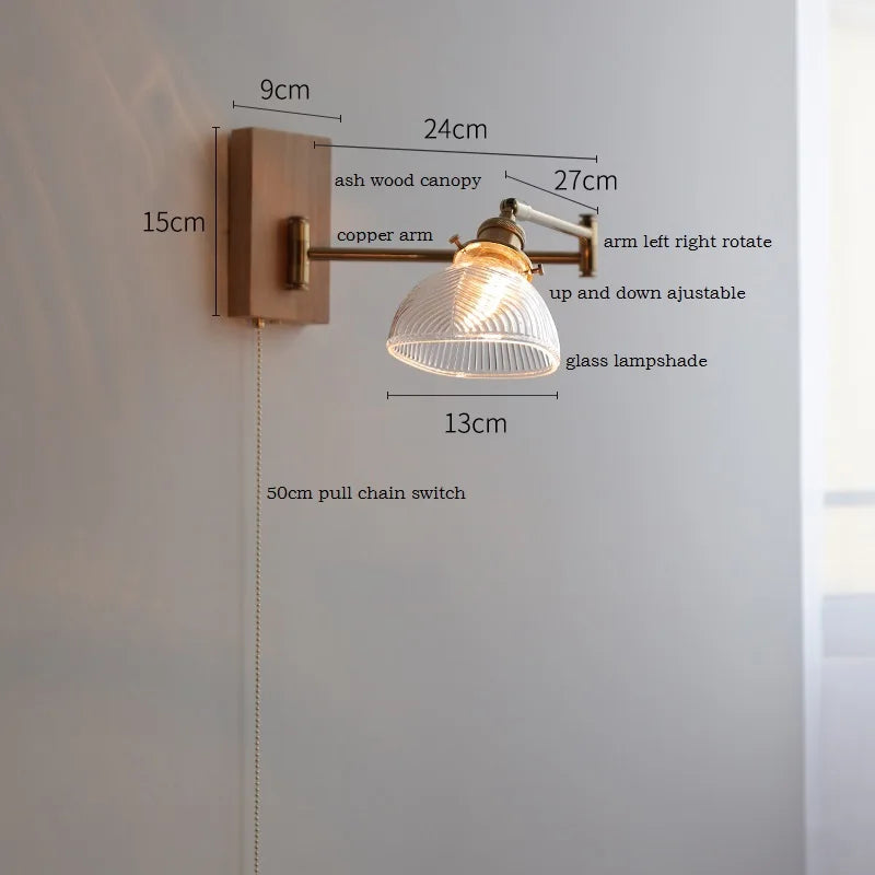 Axyaa Clear Glass Copper LED Wall Lights with Pull Chain Switch for Bedroom and Living Room