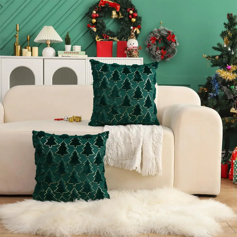 Axyaa Winter Green Faux Fur Christmas Tree Decorative Pillow Covers