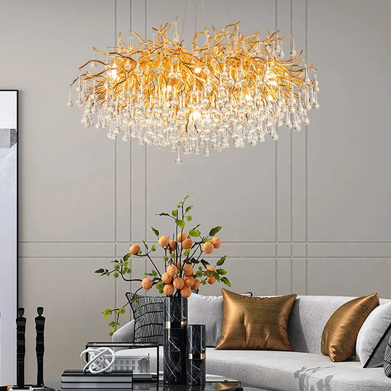 Axyaa Gold Crystal Branch Chandelier for Modern Living Room Decor