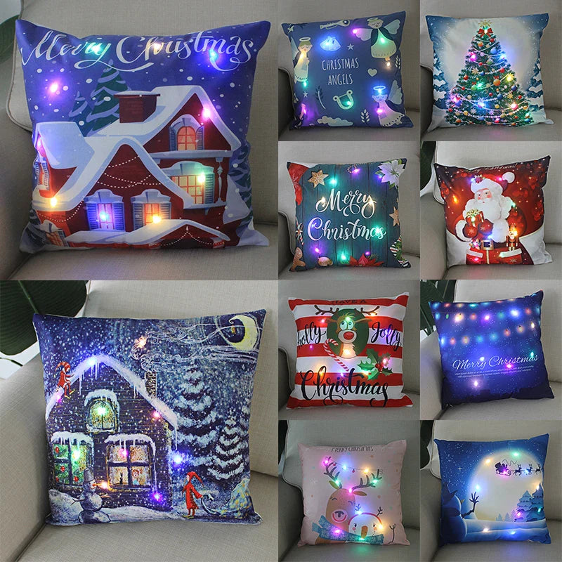 Axyaa LED Christmas Cushion Cover Merry Santa Claus Snowman Pillow Home