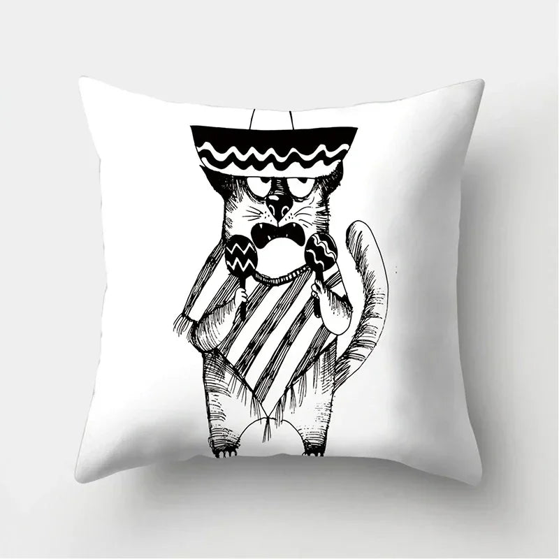 Axyaa Black & White Cat Pattern Cushion Cover for Living Room, Bedroom & Sofa