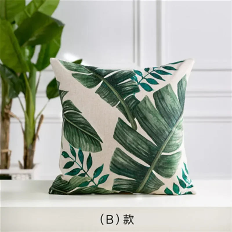 Axyaa Cactus Linen Cushion Cover 45x45cm for Home Decor - Green Plant Pillow Cover