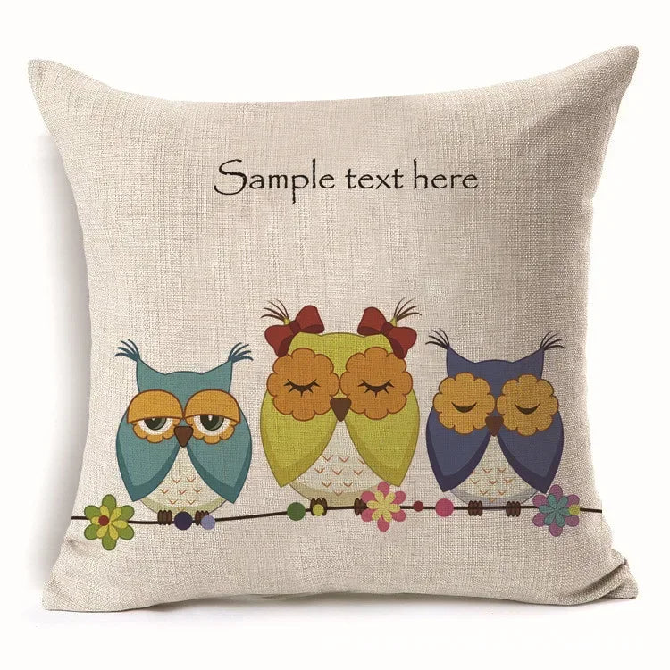 Axyaa Owl Linen Pillowcase: Office Car Sofa Living Room Decor 45x45cm