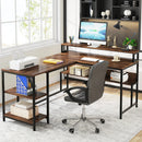 Axyaa 59" L-Shaped Desk with Monitor Stand & Storage Shelves, Rustic Brown