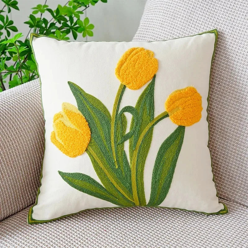 Axyaa Tulip Embroidered Throw Pillow Cover - Pastoral Style Decorative Cushion