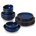 Axyaa Stoneware Dinner Set Blue Embossment Plates 16/32 Piece - Dinnerware Bowls Plates