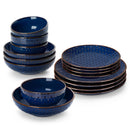 Axyaa Stoneware Dinner Set Blue Embossment Plates 16/32 Piece - Dinnerware Bowls Plates
