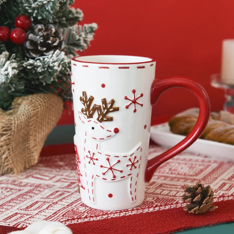 Axyaa Cartoon Elk Embossed Ceramic Christmas Mug, 550ml Large Capacity Drinking Cup