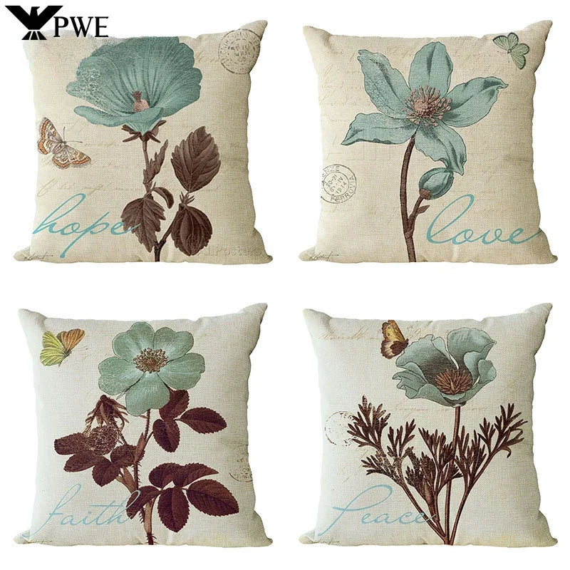 Axyaa Retro Flowers Butterfly Linen Pillow Cover for Living Room Sofa - 45x45cm