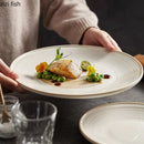Axyaa Beige Line Pattern Shallow Plate - Ceramic Steak Salad Sushi Dish