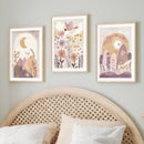Boho Flowers Sun Moon Wall Art Canvas Print Set by Axyaa