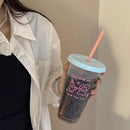 Axyaa Cartoon Coffee Cups Straw Bottles Large Capacity Portable Milk Tea Cup