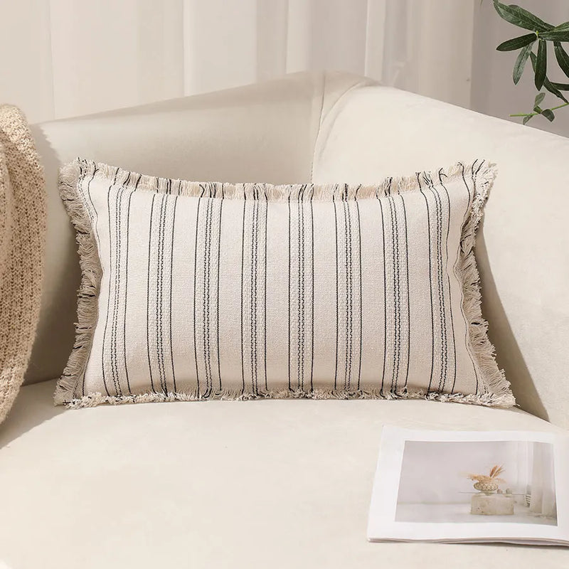 Boho Fringed Edge Striped Pillow Covers 30x50 for Living Room Sofa by Axyaa