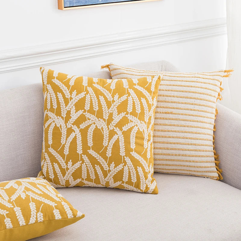 Axyaa Wheat Embroidery Cushion Cover, Soft Cozy Yellow Black Green Pillow Cover