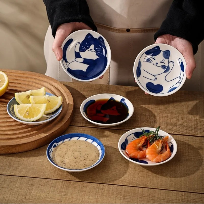Axyaa Cartoon Cat Ceramic Dipping Sauce Dish for Home Dining Table