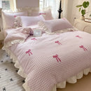 Axyaa Princess Lace Bow 4-Piece Set, Korean Style, Pink Washed Cotton