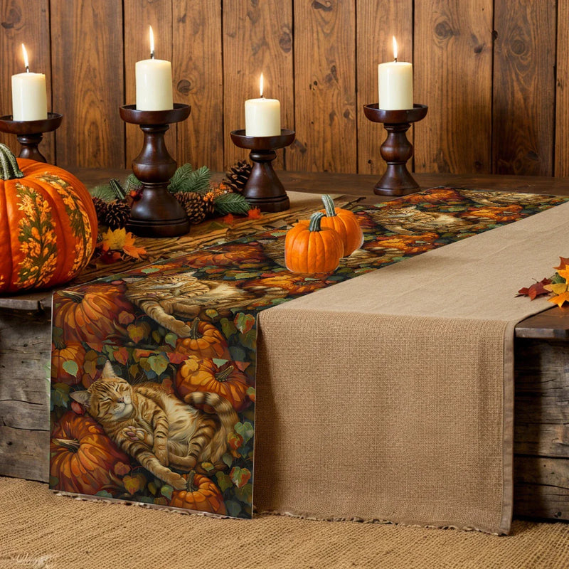Axyaa Halloween Pumpkin Cat Table Runner Farmhouse Dining Decor