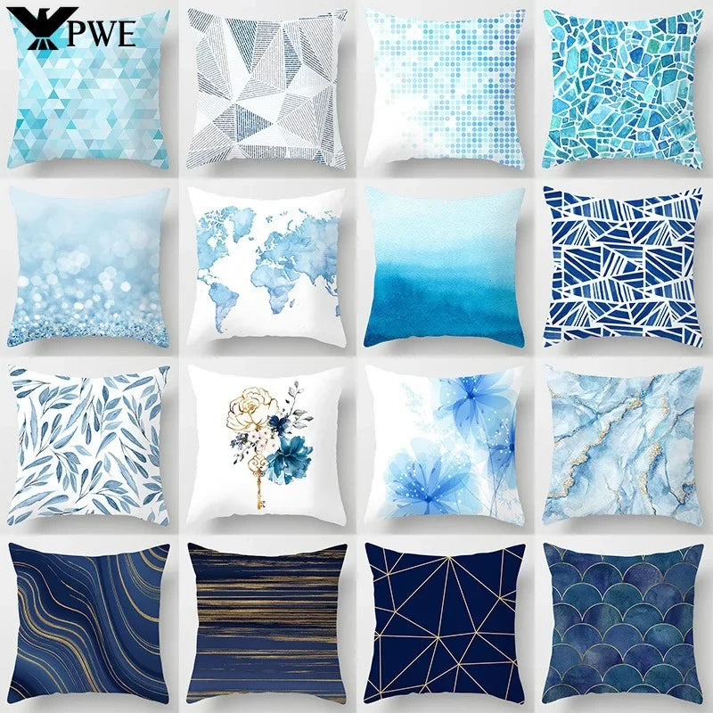 Axyaa Blue Geometric Marble Pillow Cover - Decorative Throw Cushion Case