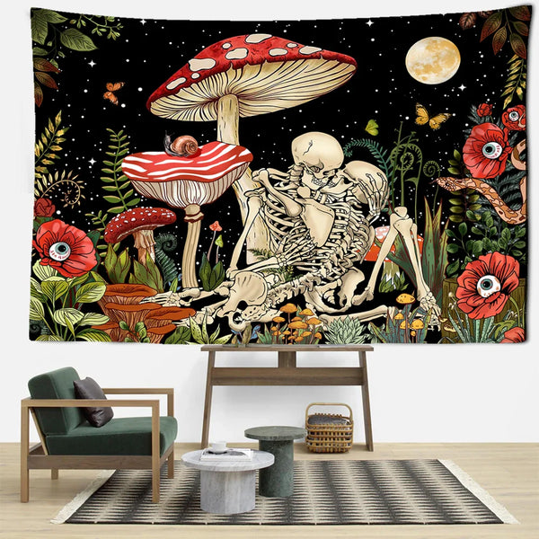 Axyaa Mushroom Skull Psychedelic Tapestry Sunshine Hippie Flowers Wall Tapestry