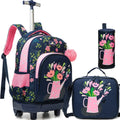 Axyaa Girls 3-Piece Rolling Backpack Set with Wheeled Luggage, Lunch Bag, Pencil Case