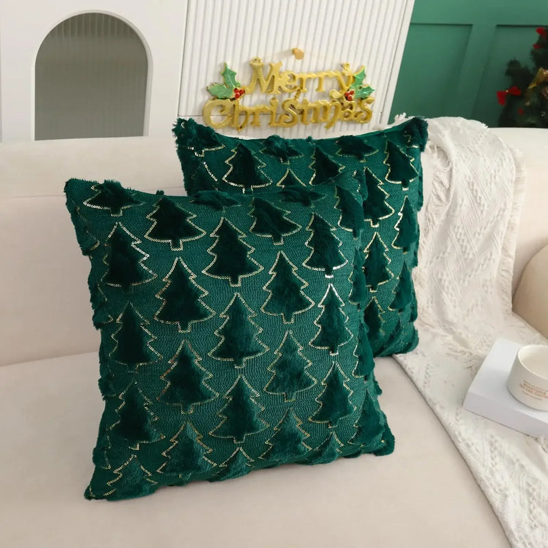 Axyaa Winter Green Faux Fur Christmas Tree Decorative Pillow Covers