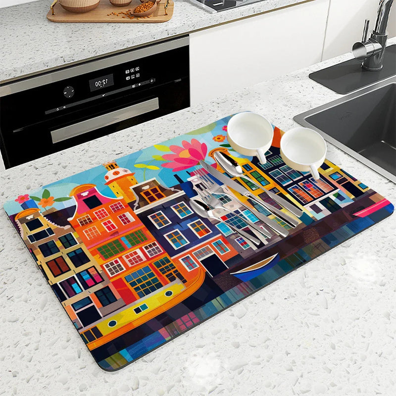 Axyaa Absorbent Kitchen Mat: Amsterdam Boats Design for Quick Drying, Antiskid & Draining