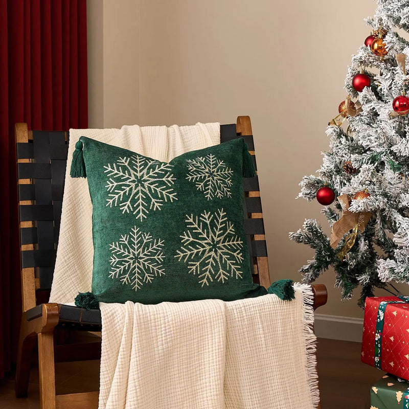 Axyaa Christmas Tree Bell Cushion Cover - Green Red Snowflakes, Pompom Balls Embroidery