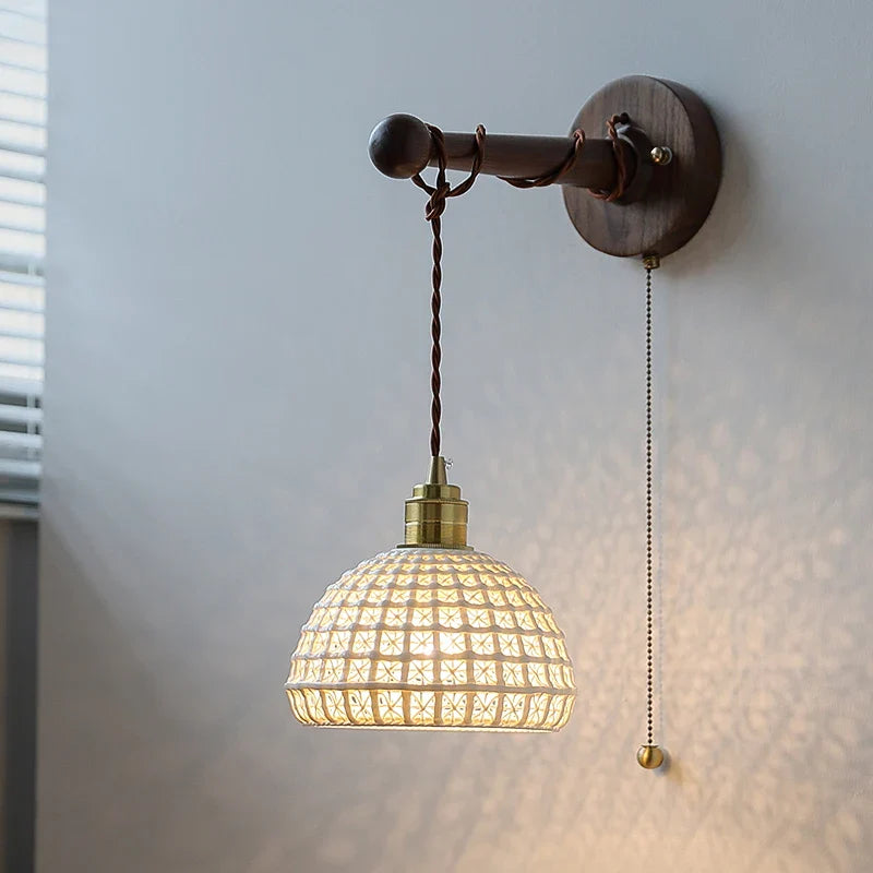 Axyaa White Ceramic LED Wall Lamps with Black Walnut Wood Pull Chain Switch