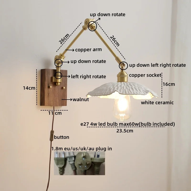 Axyaa Ceramic Copper Swing Arm LED Wall Light for Home Decor