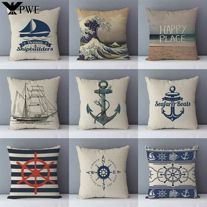 Navy Blue Mediterranean Print Linen Cushion Cover by Axyaa - 45x45cm