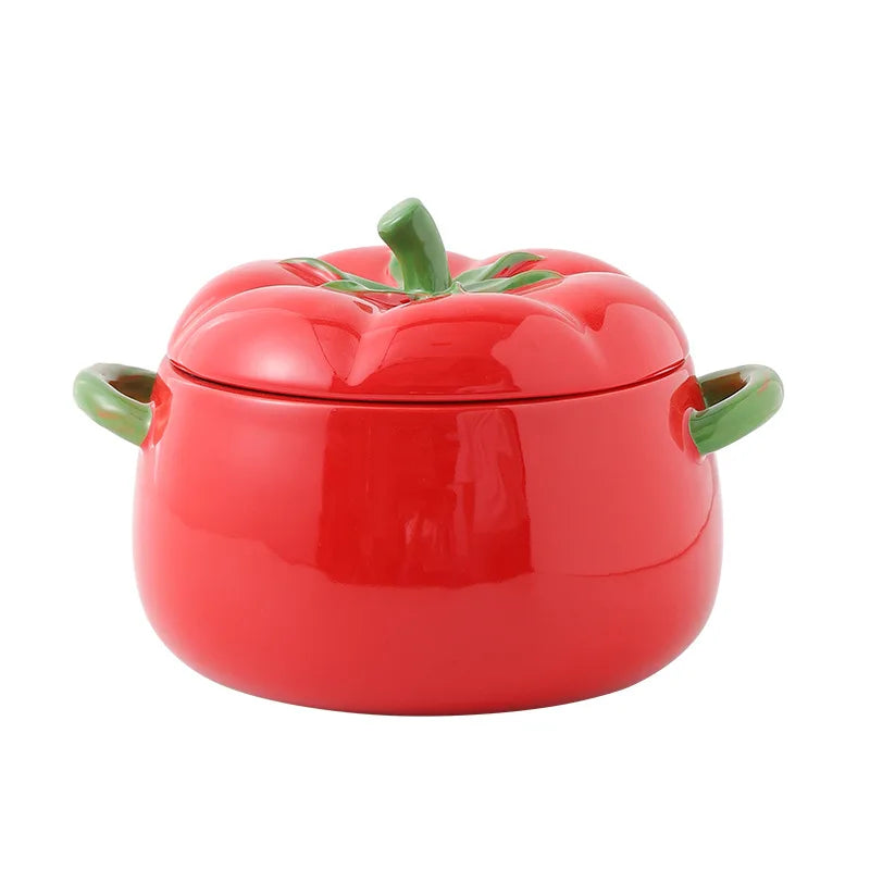 Axya Tomato Soup Bowl Set - Porcelain Binaural Disc Plate & Ceramic Pot