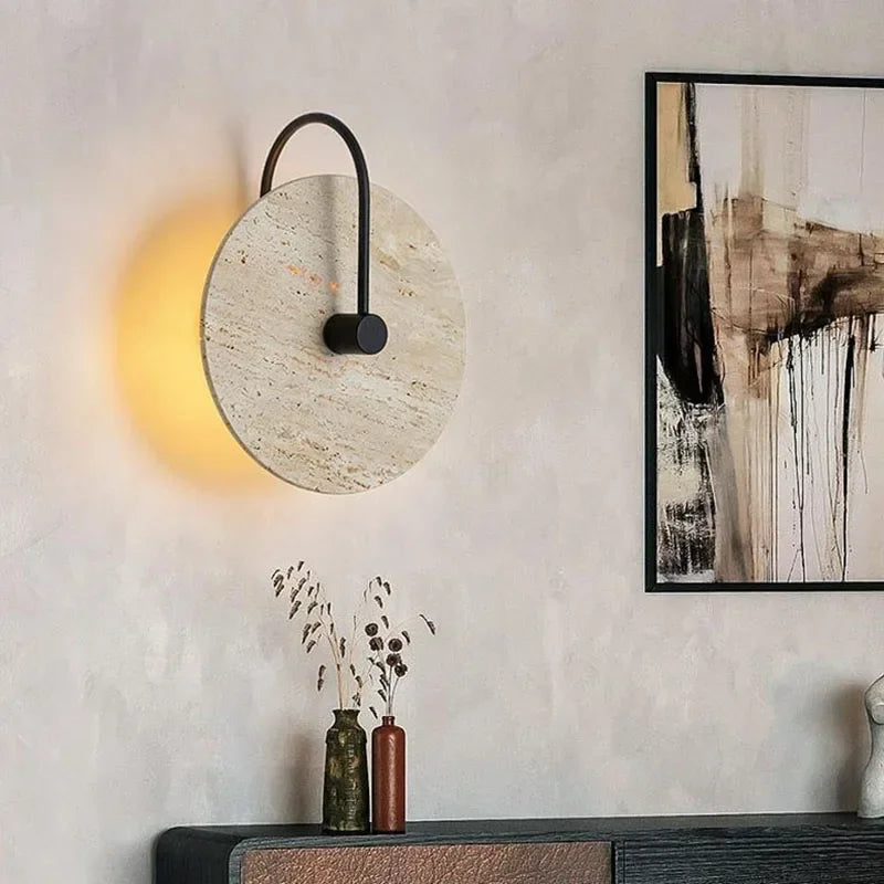 Axyaa Round Stone LED Wall Lights Black Metal Sconce Lamp