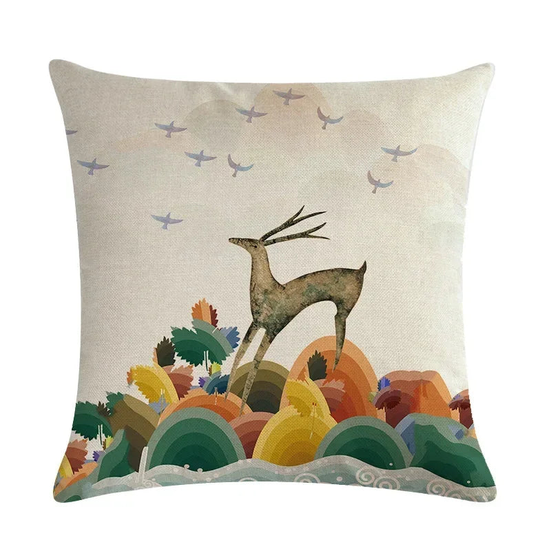 Axyaa Nordic Moose Art Linen Cushion Cover for Home Decor