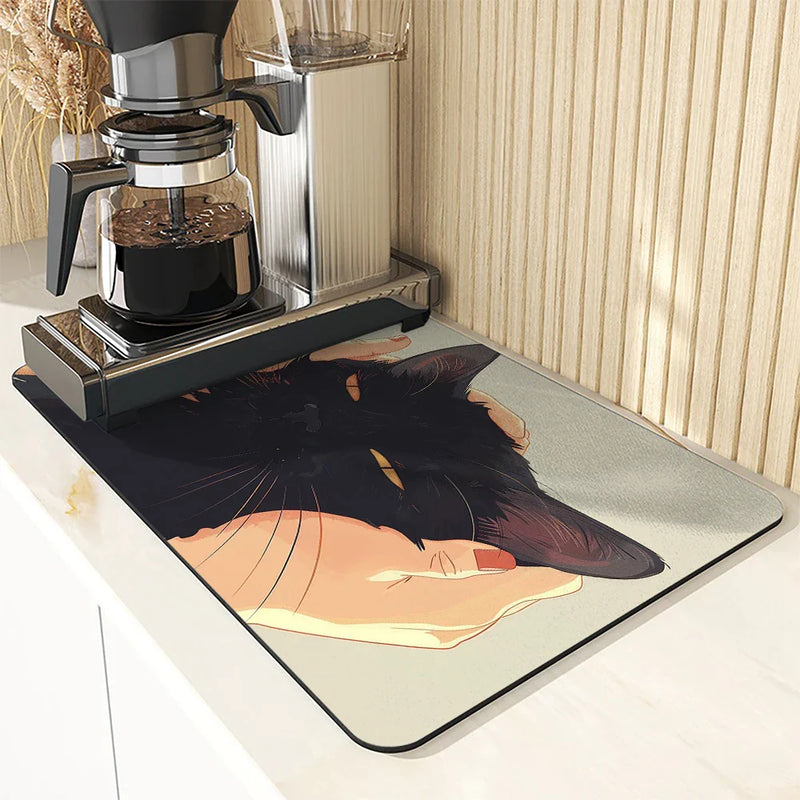 Axyaa Cartoon Cat Kitchen Drying Mat - Quick Dry Drain Pad for Faucet