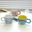 Axyaa Ceramic Espresso Coffee Cup Hand Drawing Underglaze Small Flower Rainbow Grid Mug