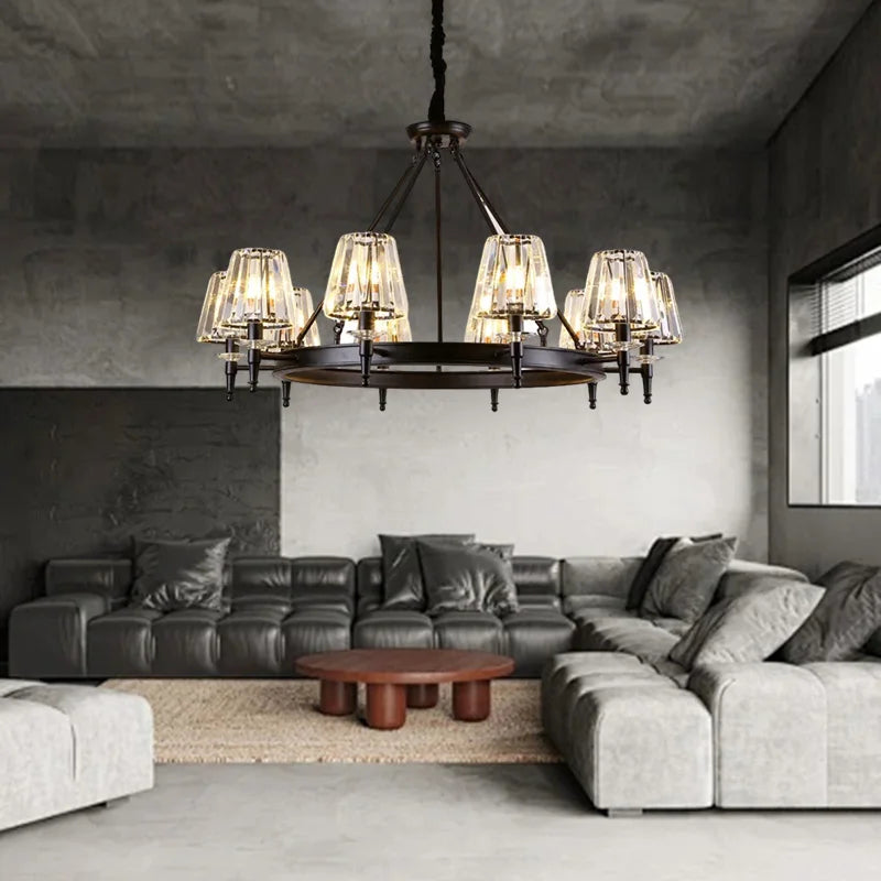 Axyaa Retro Matte Black Metal Crystal Chandelier Pendant Lights
