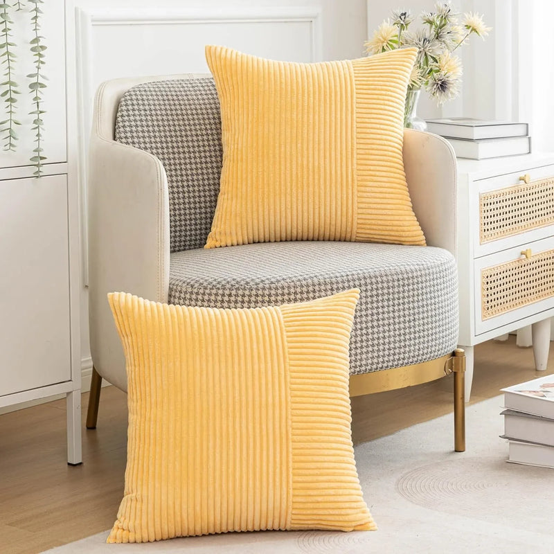 Axyaa Yellow Corduroy Pillow Cover 18x18 Inch - Boho Style Spliced Cross Patchwork Texture