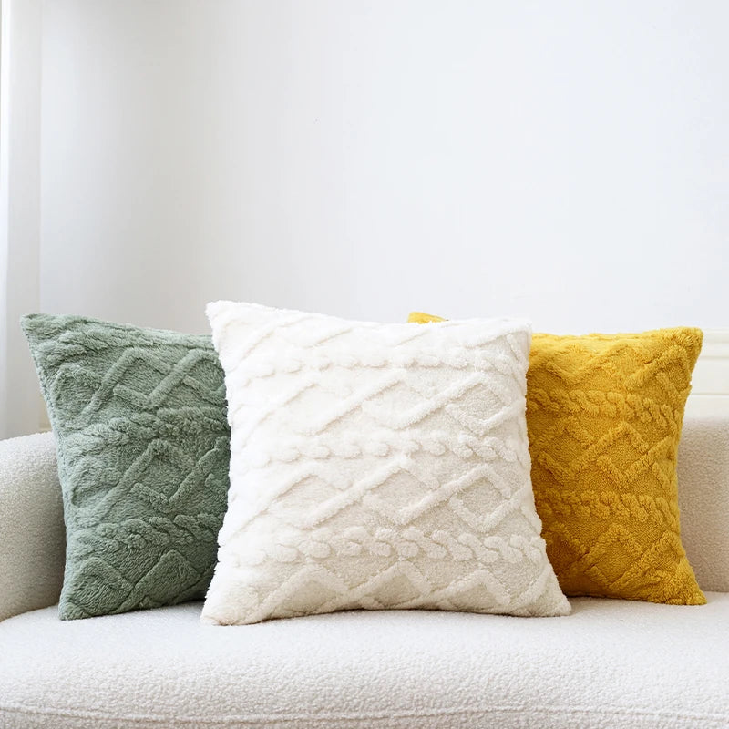 Fuzzy Short Wool Fleece Throw Pillow Cover for Sofa, Axyaa Branded Square Patterned Plush Cushion