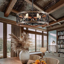 Axyaa Farmhouse Wood Grain Circular Chandelier - Retro Industrial Iron Art Ceiling Light