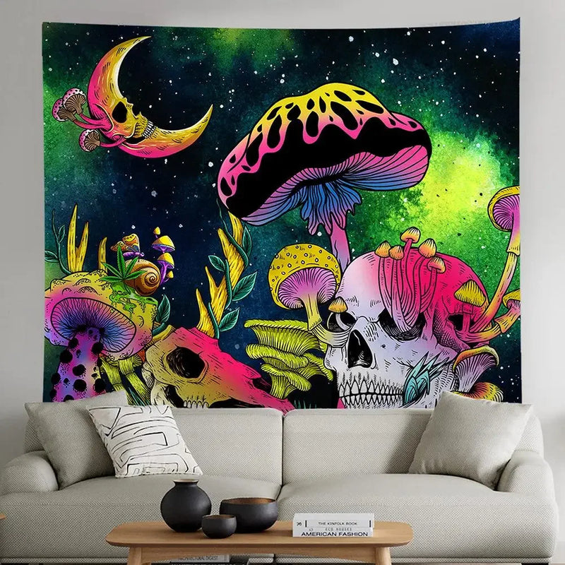 Skull Mushroom Fluorescent Tapestry Axyaa Home Decor Aesthetics Hippie Bedroom Living Room