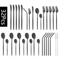 Axyaa 32-Piece Stainless Steel Black Cutlery Set Knife Fork Spoon Straw Flatware