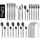 Axyaa 32-Piece Stainless Steel Black Cutlery Set Knife Fork Spoon Straw Flatware