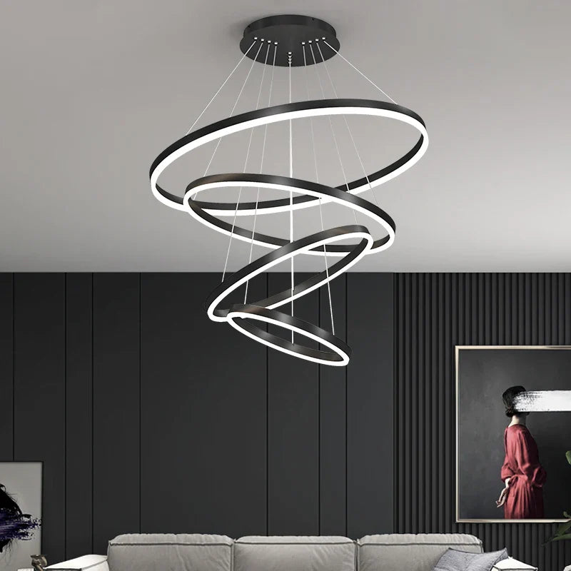 Axyaa Black LED Ring Chandelier Ceiling Light, Modern Circular Pendant for Kitchen, Living, and Dining Rooms.