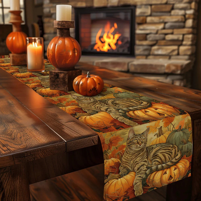 Axyaa Halloween Pumpkin Cat Table Runner Farmhouse Dining Decor