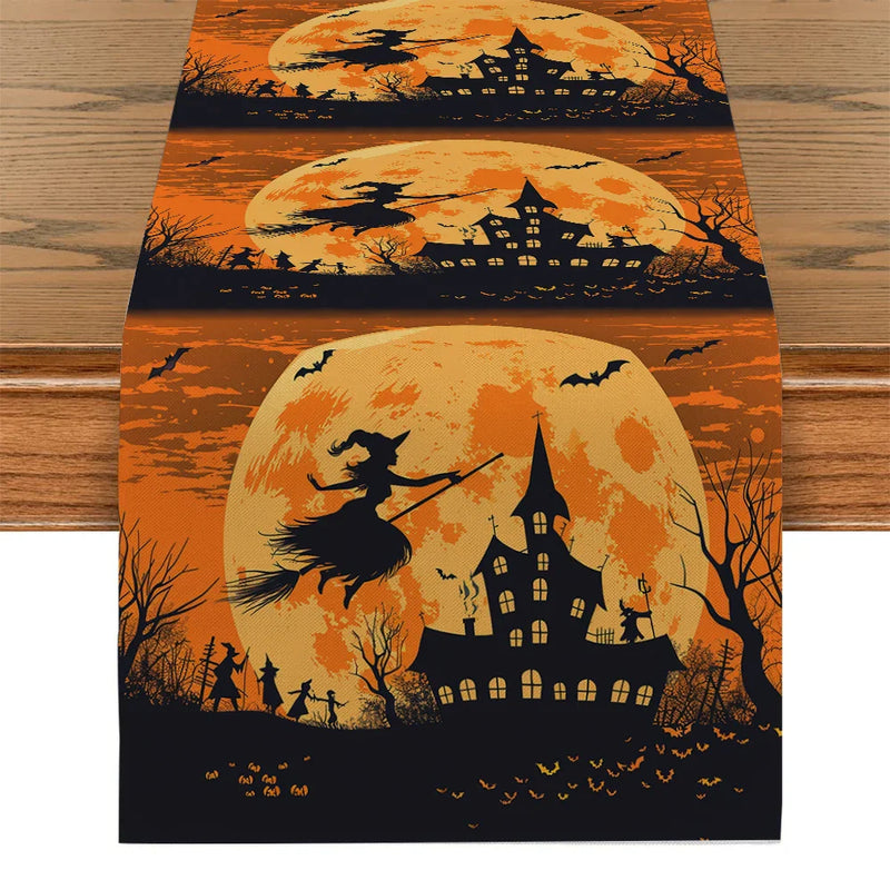 Axyaa Halloween Magic Broom Castle Table Runner - Farmhouse Wedding Party Decor