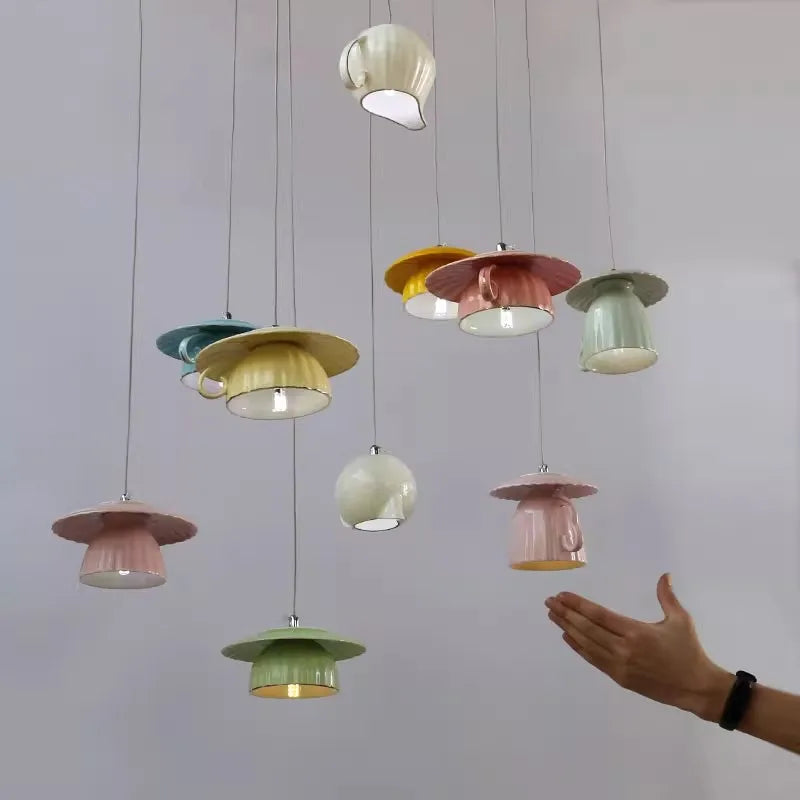 Colorful Tea Cup Pendant Lamps LED Ceramic Hanging Lamp - Axyaa