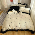 Axyaa Bow Lace Milk Fleece 4-Piece Set Coral Fleece Winter Bedding